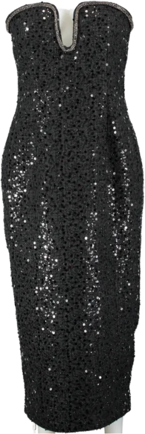 Self-Portrait Black Sequin-embellished Boucle Midi Dress UK 12