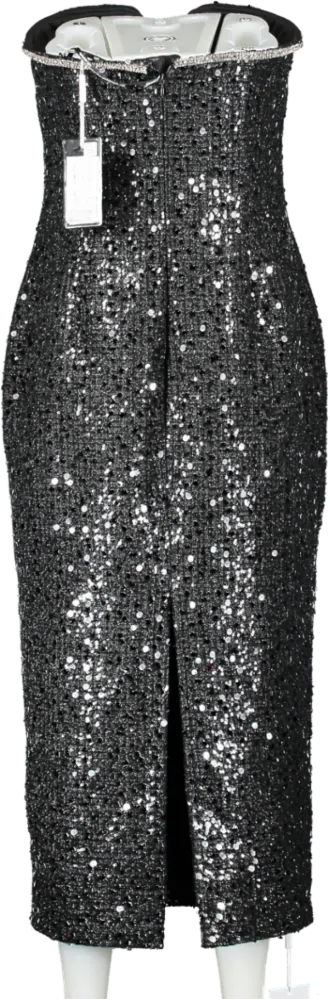 Self-Portrait Black Sequin-embellished Boucle Midi Dress UK 12