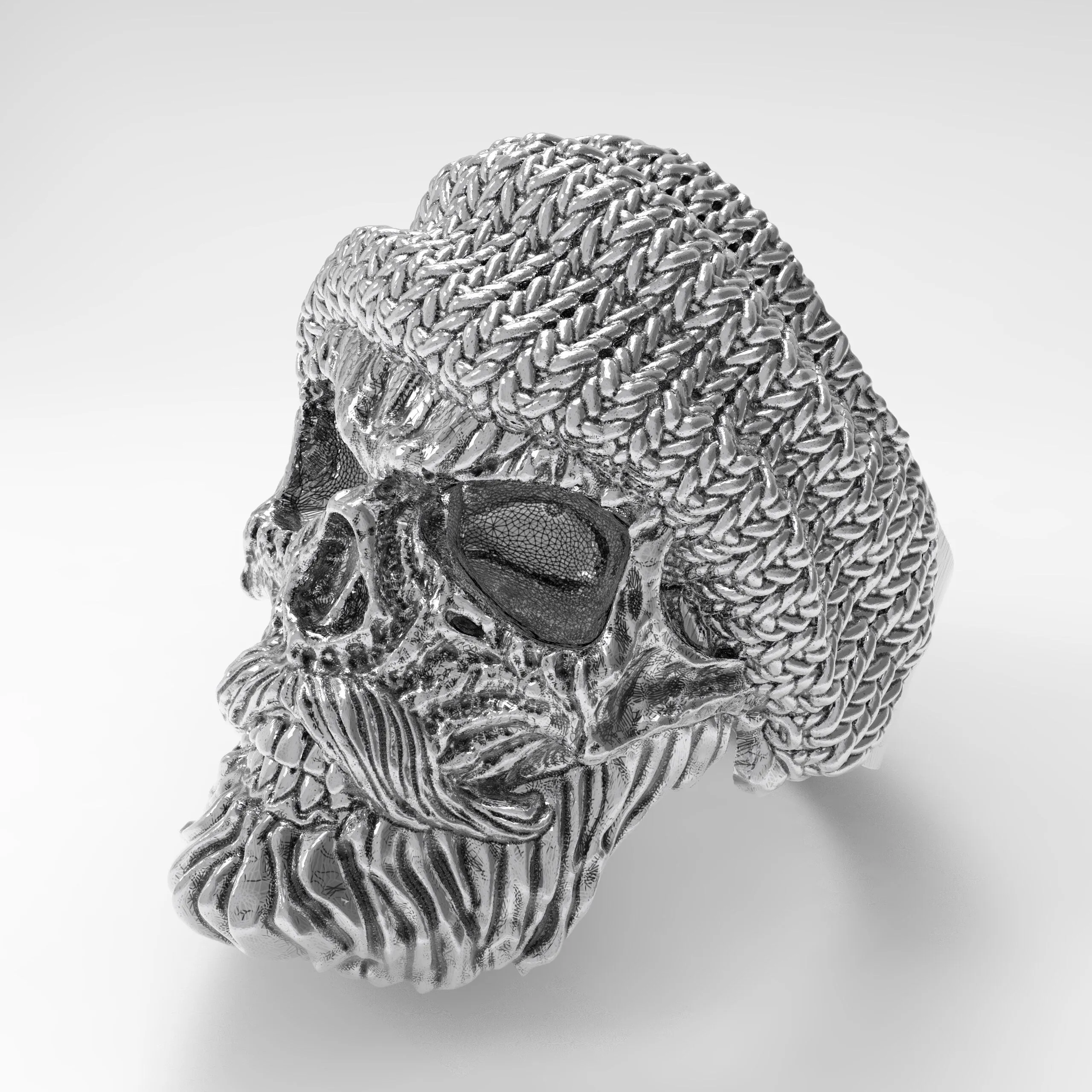 Skull with Beard and Mustache Knitted Hat Style Ring Mens Ring Silver 925