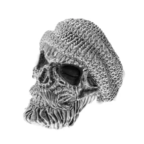 Skull with Beard and Mustache Knitted Hat Style Ring Mens Ring Silver 925