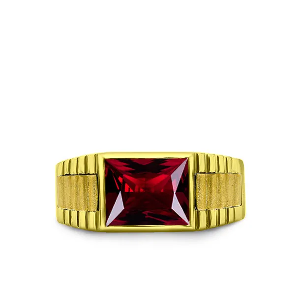 Solid 10k Yellow Gold Mens Modern Band Ring with Ruby Gemstone