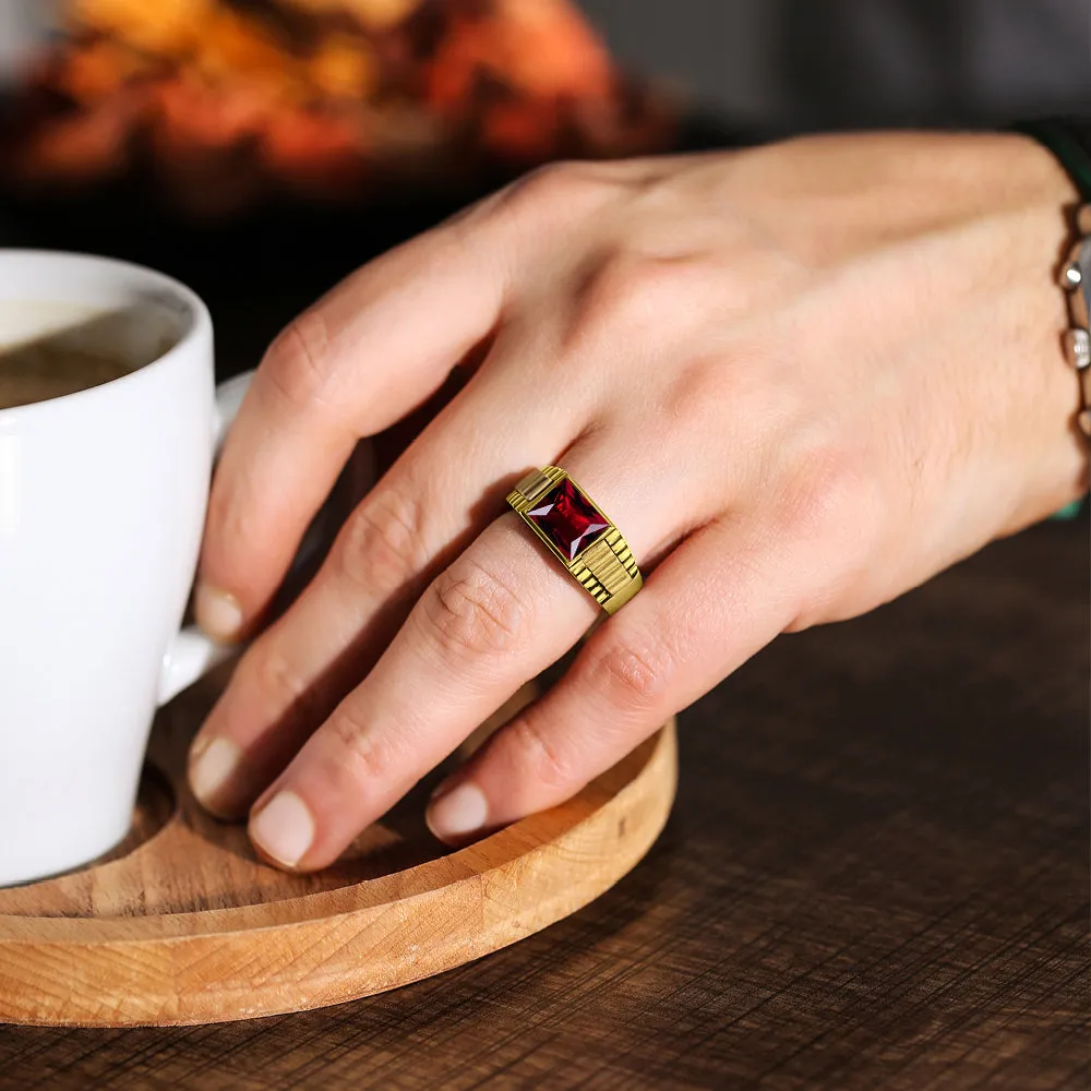 Solid 10k Yellow Gold Mens Modern Band Ring with Ruby Gemstone