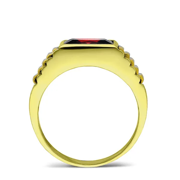 Solid 10k Yellow Gold Mens Modern Band Ring with Ruby Gemstone