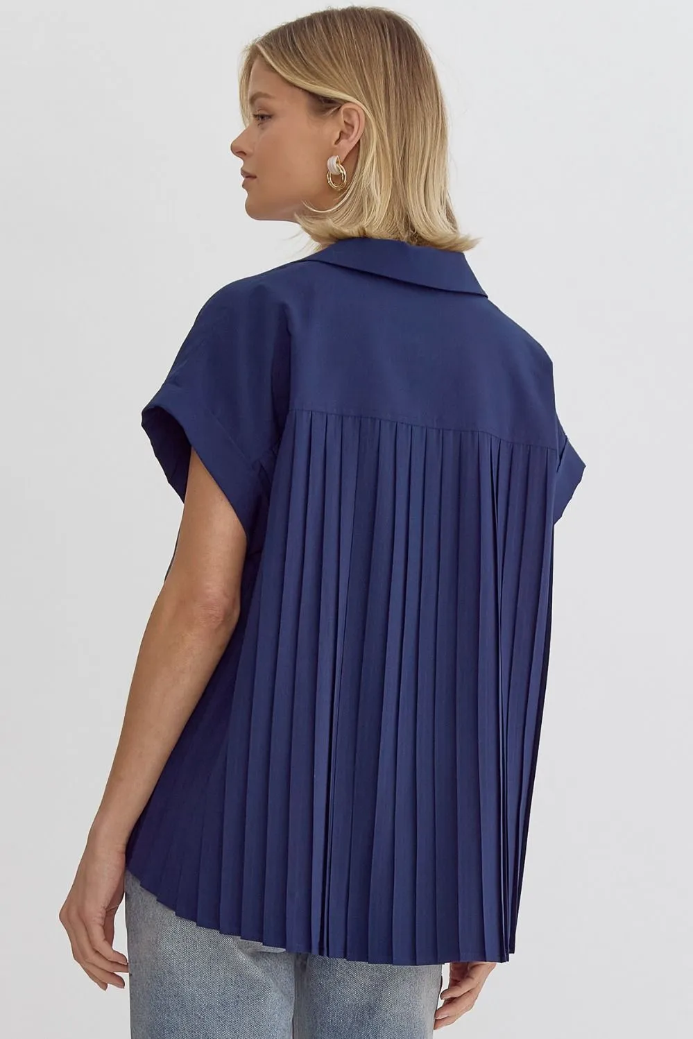 Solid V-Neck Short Sleeve Collared Back Pleat Detail Top