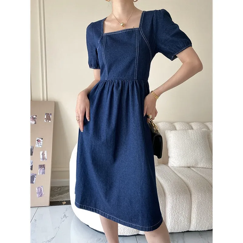 Summer Blue Denim Dresses Woman Elegant Casual Square Collar Plus Size Clothing Vintage Waist Slim Midi Dress Vestidos Mujer