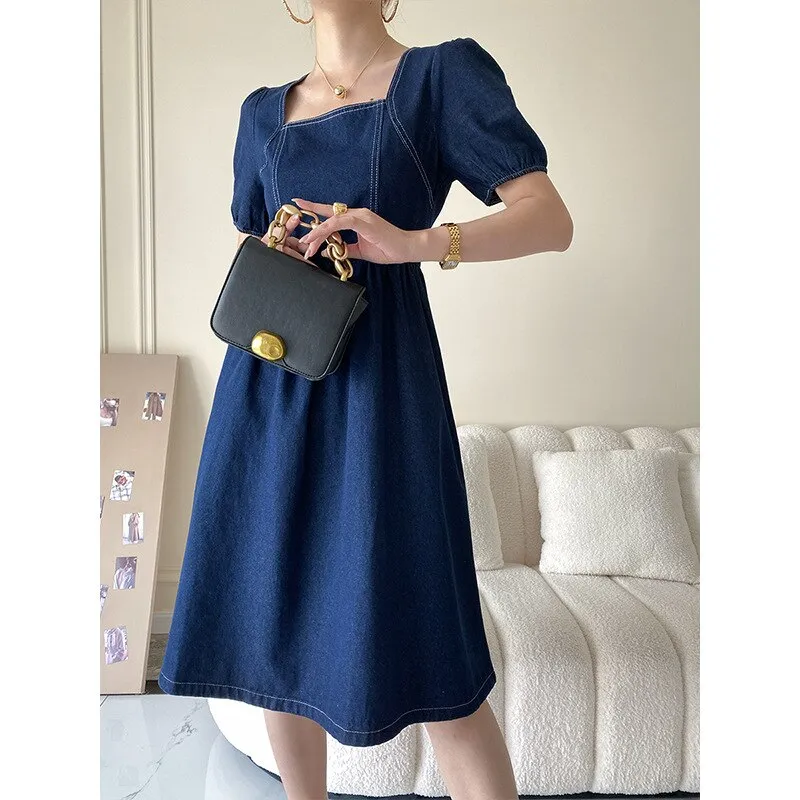 Summer Blue Denim Dresses Woman Elegant Casual Square Collar Plus Size Clothing Vintage Waist Slim Midi Dress Vestidos Mujer