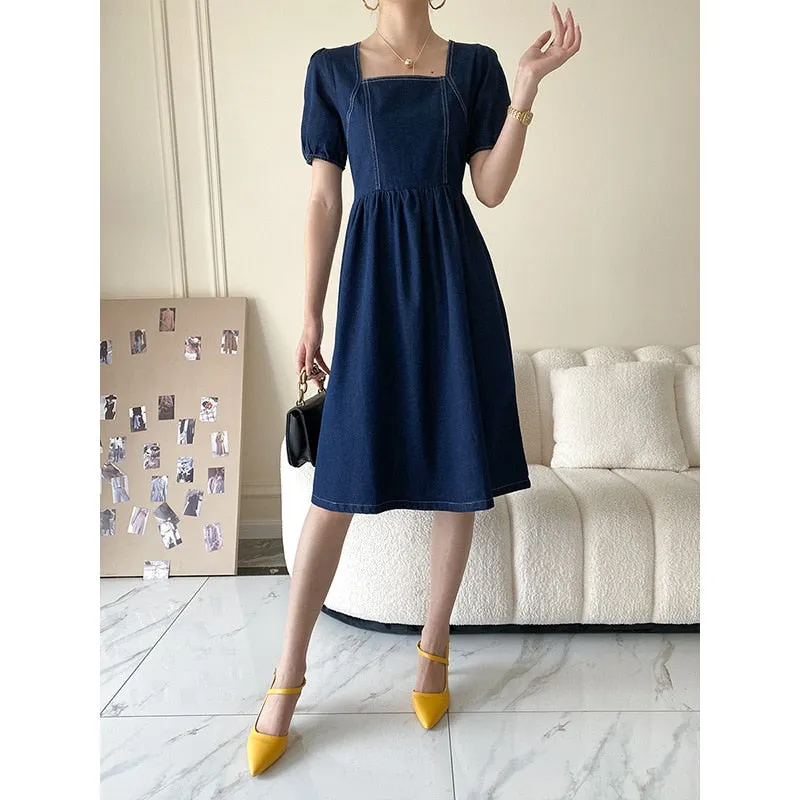 Summer Blue Denim Dresses Woman Elegant Casual Square Collar Plus Size Clothing Vintage Waist Slim Midi Dress Vestidos Mujer