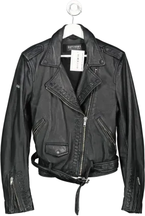 Superdry Black Leather Biker Jacket UK 12