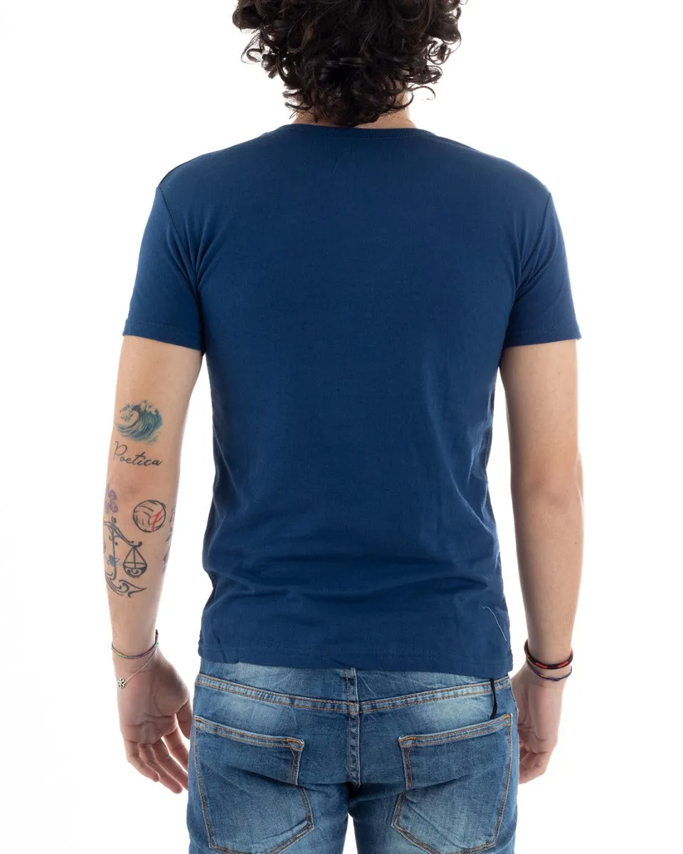 T-Shirt Uomo Mezza Manica Stampa Scarpe Scritta Girocollo Slim Blu GIOSAL-TS2829A