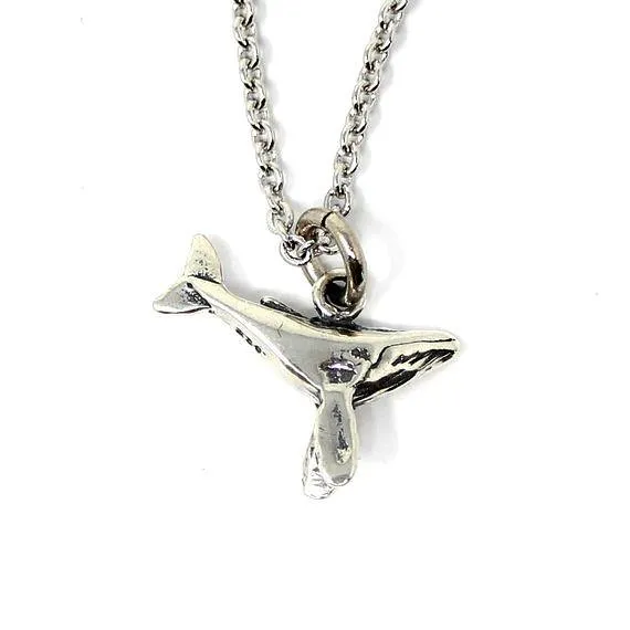 Tiny Humpback Whale Charm Necklace in Solid Sterling Silver