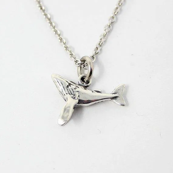 Tiny Humpback Whale Charm Necklace in Solid Sterling Silver