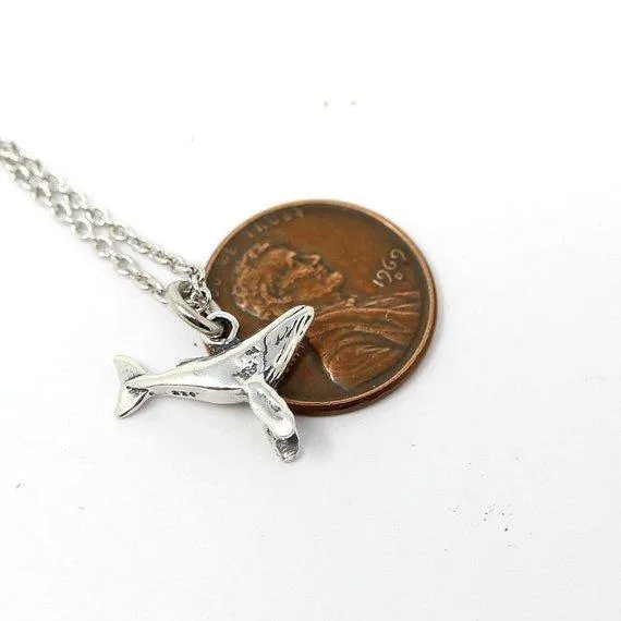 Tiny Humpback Whale Charm Necklace in Solid Sterling Silver