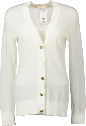 Tory Burch White Cotton Simone V-neck Cardigan With Logo Buttons UK S