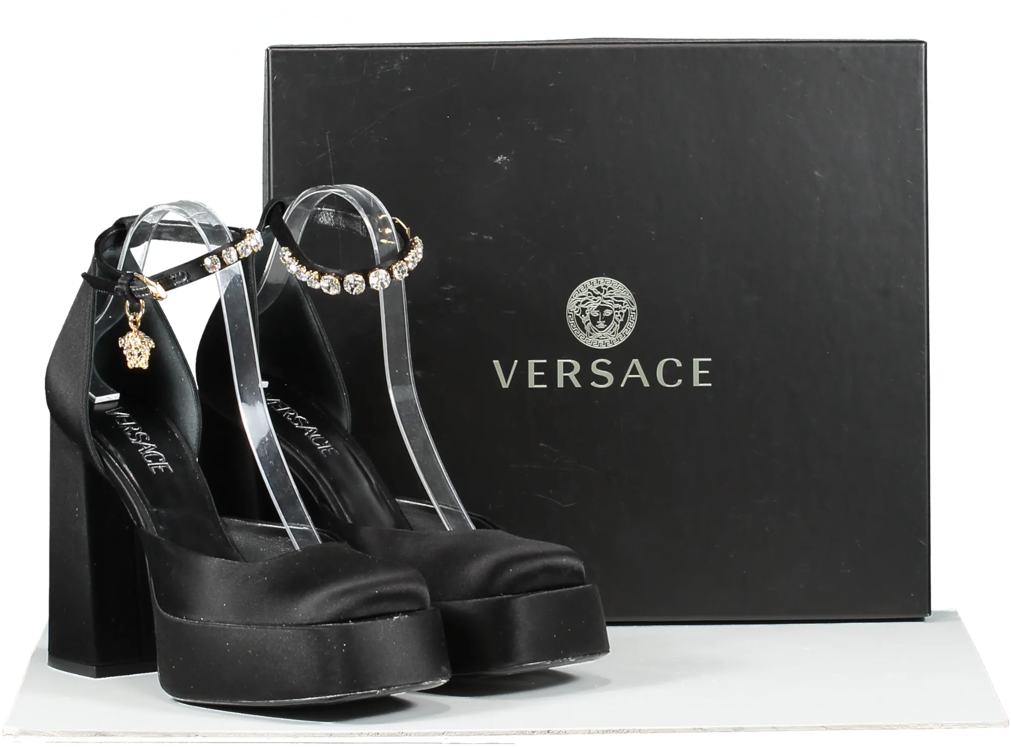 Versace Black Satin Medusa Aevitas Platform Pumps UK 5.5 EU 38.5 👠