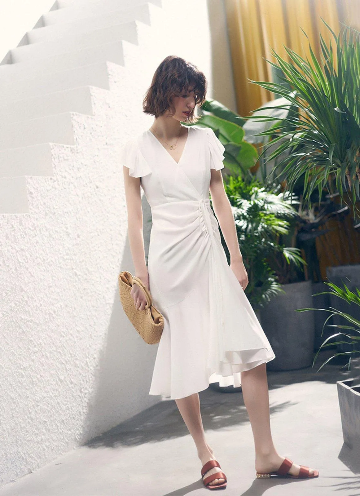 White V-Neck Cap Sleeve Ruffle Dress