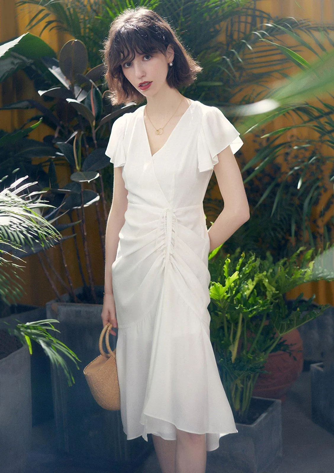 White V-Neck Cap Sleeve Ruffle Dress